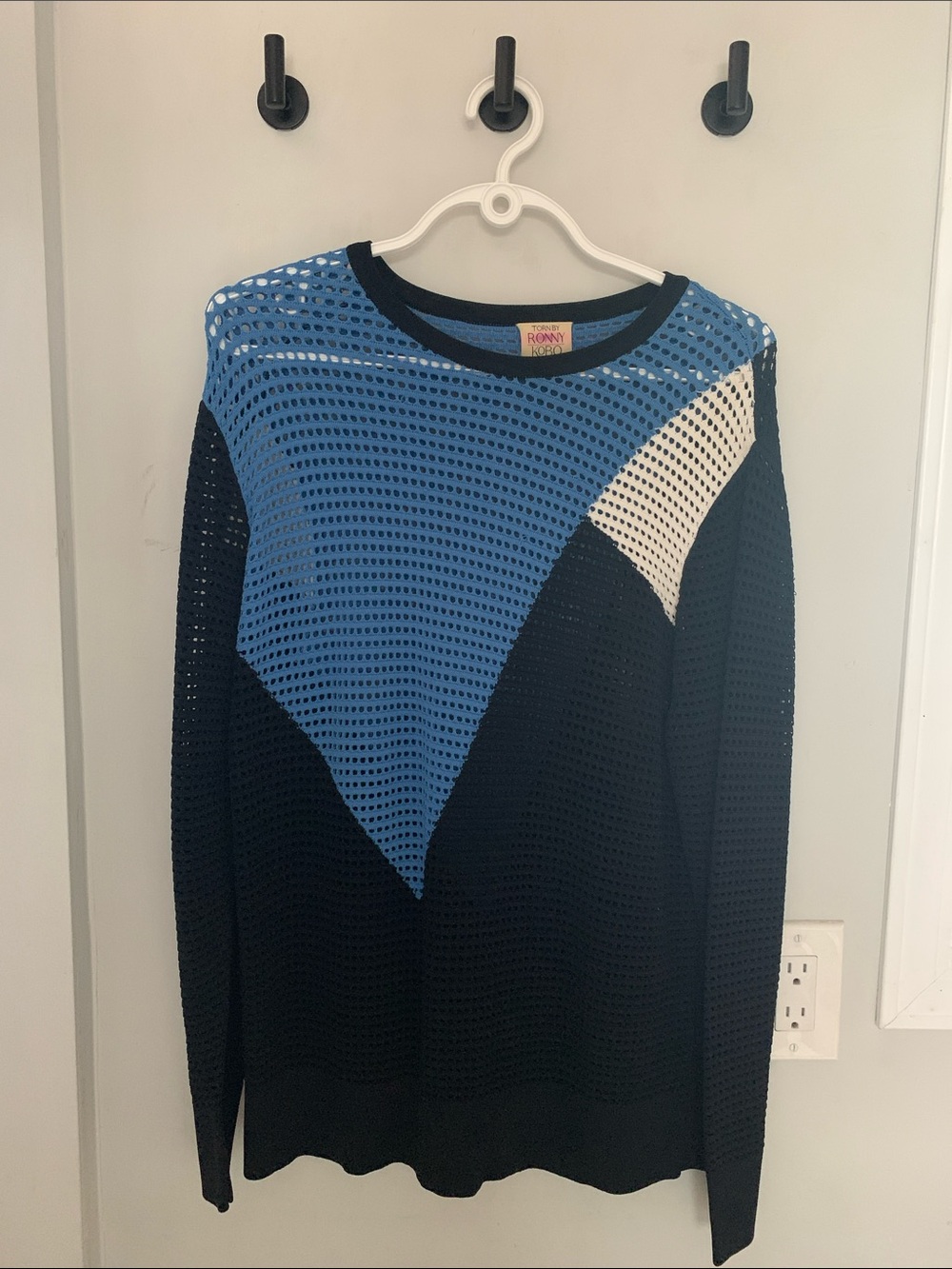 Torn by Ronny Kobo Blue Black and Cream Open-Knit Mini Dress
